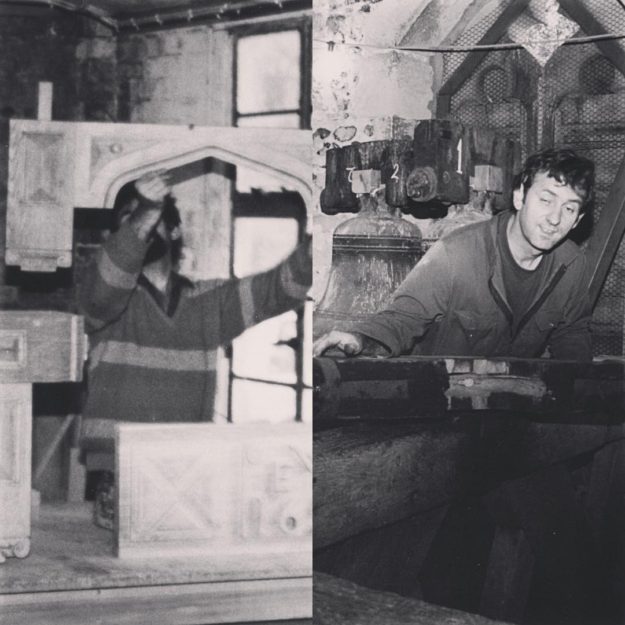 This is my late father who passed away nearly 7 years ago. He was a master carpenter and still my absolute inspiration for the furniture we are designing today. We worked on all sorts of projects together (on the right we were fitting bell stocks in a church tower). I’m pretty sure he would love what we are doing with CNC now, although I could still do with the benefit of his experience, as his knowledge of woodwork was unsurpassed.  Wish I could show you my Instagram account – miss you Dad.