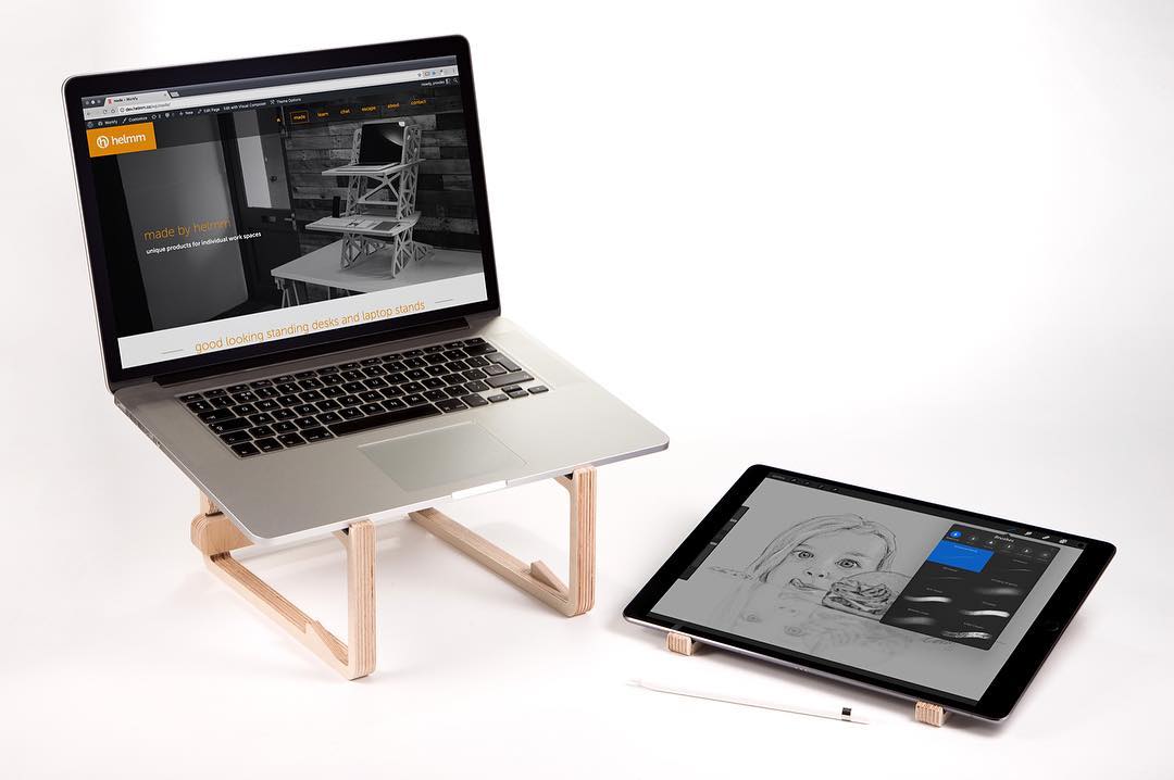 Our La-Stand splits into two parts you can use it for two devices at the same time. Here it’s shown with a MacBook Pro and iPad Pro – ideal for users of the @astropadapp so you can draw in the perfect position on your tablet but keep an eye on the other screen at the same time. This is a solution to a problem I’ve been having for ages with the iPad Pro, I really dislike drawing on a horizontal flat surface and the SmartKeyboard stand for the iPad can’t manage a good drawing position. So I designed a stand that can do it all! The angle is perfect for drafting and sketching using the apple pencil (one of my favourite hobbies) and with the laptop on the other half I can use it as an extension of my workspace with a separate keyboard for quick shortcuts – within seconds I have the ultimate productive workstation which I can just chuck in my bag when I am done! This setup would also work really well for a mobile music production rig using a laptop and a mini midi keyboard or MPC. The top of the La-Stand is lined with silicone to keep your gear scratch free and nice and secure! The prototypes of these are out of testing now and are bang on so we will be taking orders very very soon. Please do follow us as we’ll be posting release info right here. – – – – – – – – – – #laptopstand #astropad #ipadprostand #ipadpro #applepencil #workspacegoals #officeinterior #deskgoals #creativespaces #standupforyourself #corporatewellness #ergonomic #deskspace #officefurniture #whereiwork #coworkingspace #mydesk #plywood #modernfurniture #onmydesk #officestyle #workingfromhome #coworking #productivity #workspace #homeoffice #productdesign #setup #industrialdesign #helmm