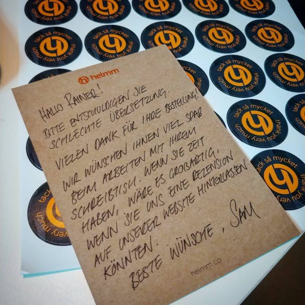 We like to put a hand written note in all our deliveries but I must confess my German is terrible so had to rely on Google Translate for this one. I hope it doesn’t offend
