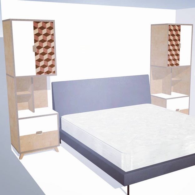 Custom bedroom furniture. Tall bedside units to improve storage in smaller rooms around a super king bed. 24mm plywood carcasses with marquetry on doors (and poss on drawer fronts). Bit different from the desks but really looking forward to making these. If you want something like this, drop us a line