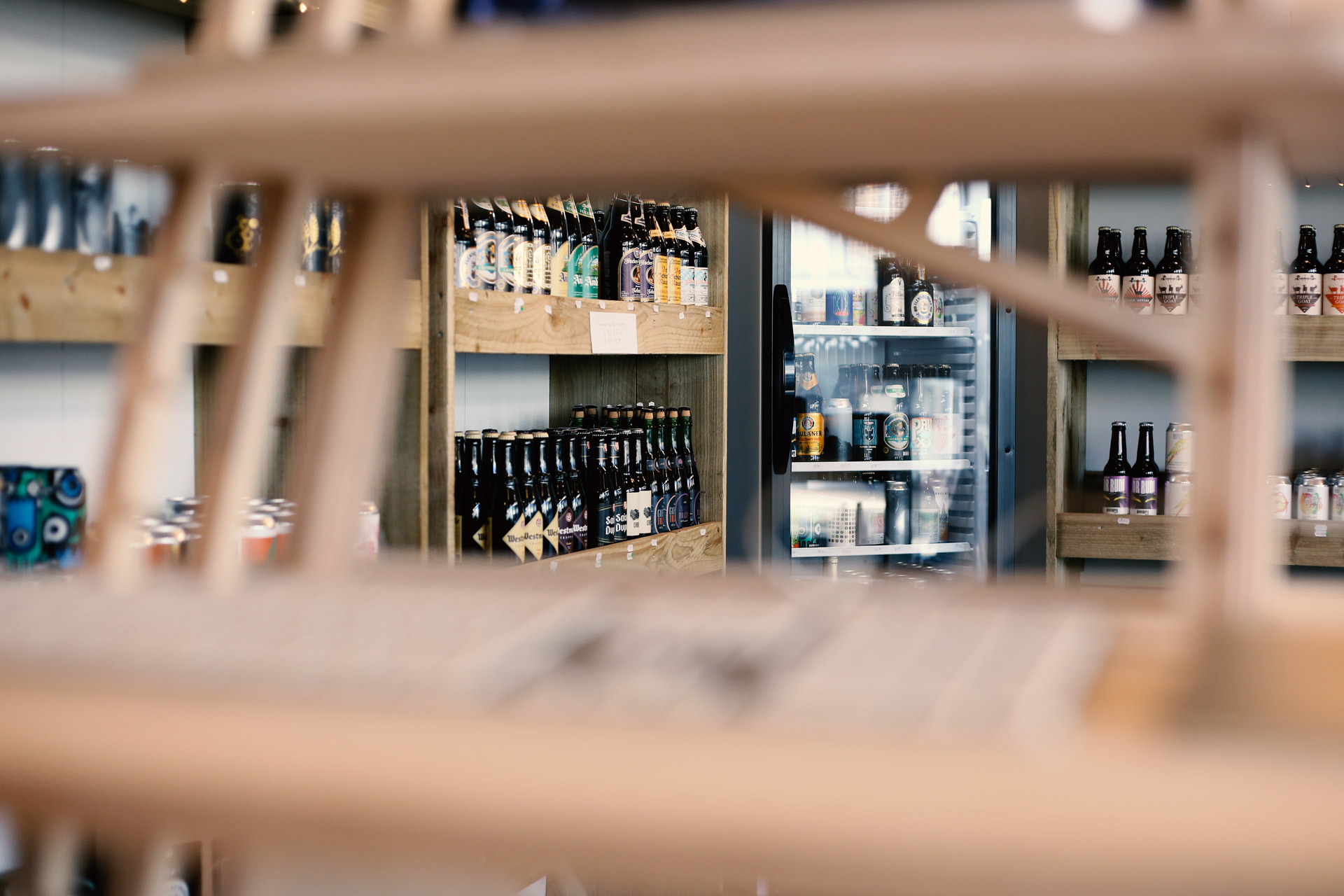 View of MK Bier Garten through wooden standing desk