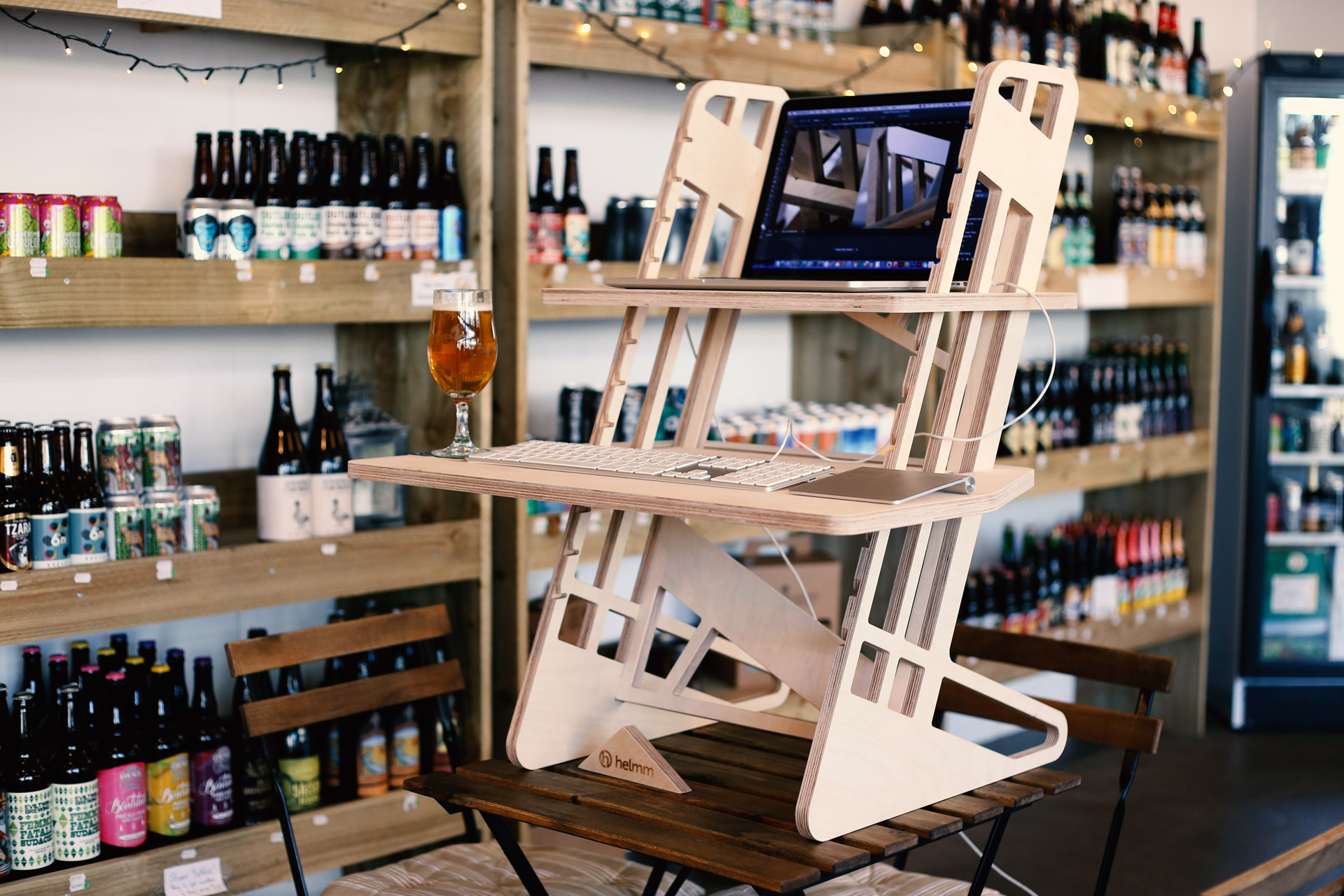 Standing desk in a bottle shop